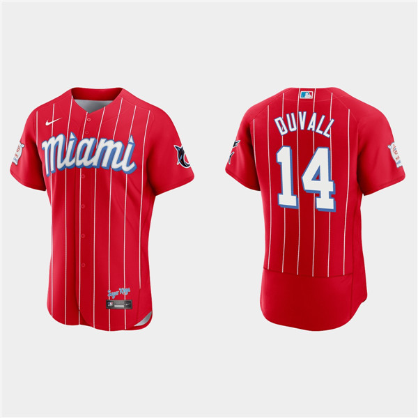 Men's Miami Marlins #14 Adam Duvall Red 2021 City Connect Flex Base Stitched MLB Jersey - Click Image to Close